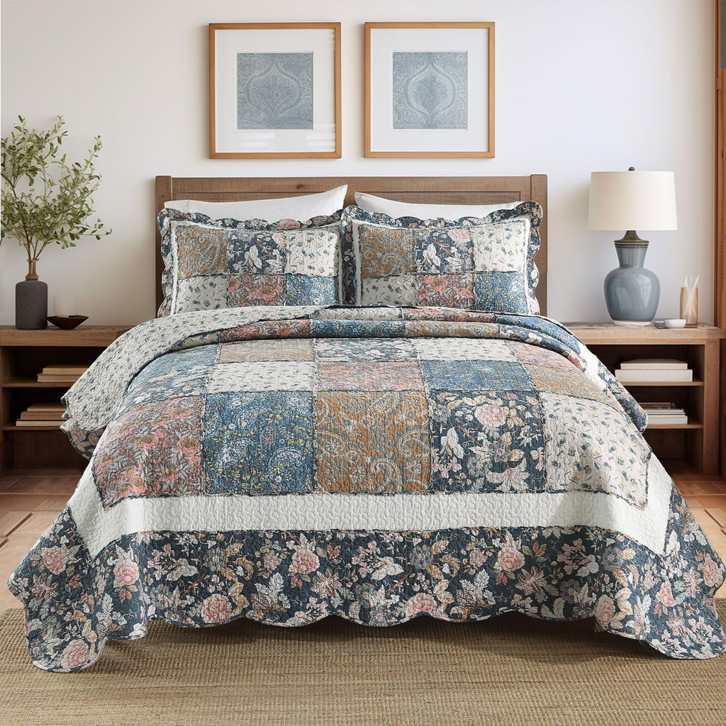 3-Piece Quilt Set King Size Quilted Bedspread Reversible Country Style Blue Floral Paisley Real Patchwork Bedding