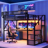 Full Loft Bed with Desk and RGB Light, Metal Loft Bed Frame with Stairs and Bedside Shelf