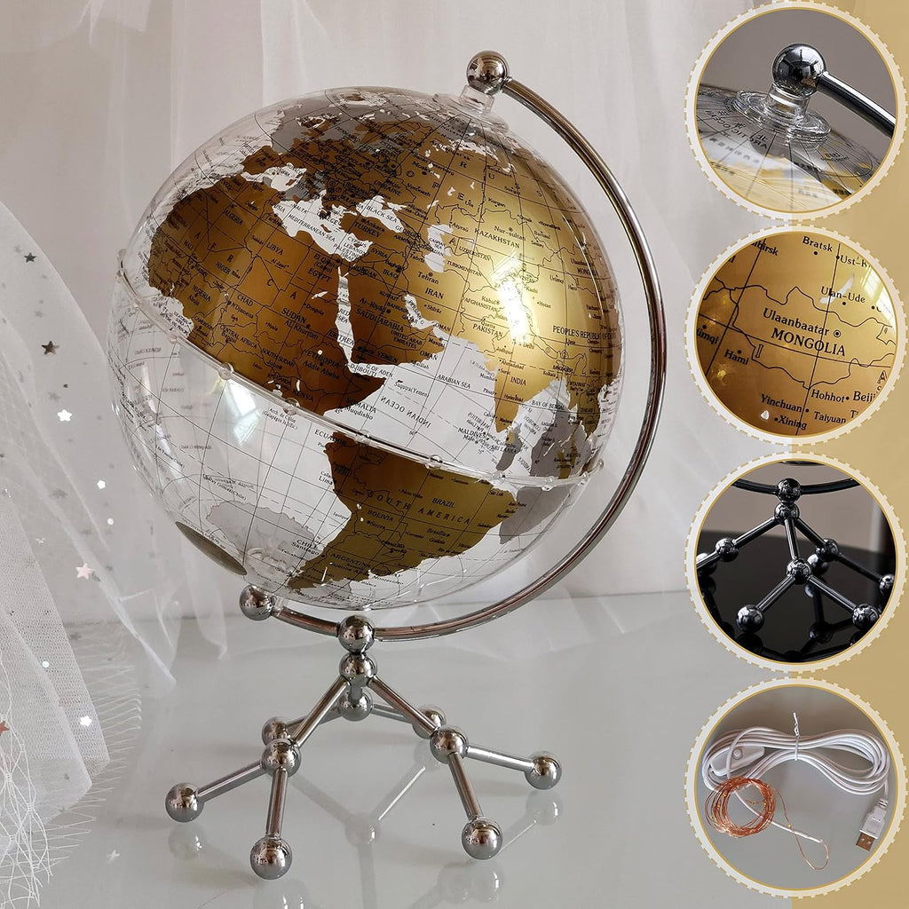 8'' World Globe, Clear Metal Globe with Built-in Gypsophila LED Strip Decor, Office Desktop, Study Education