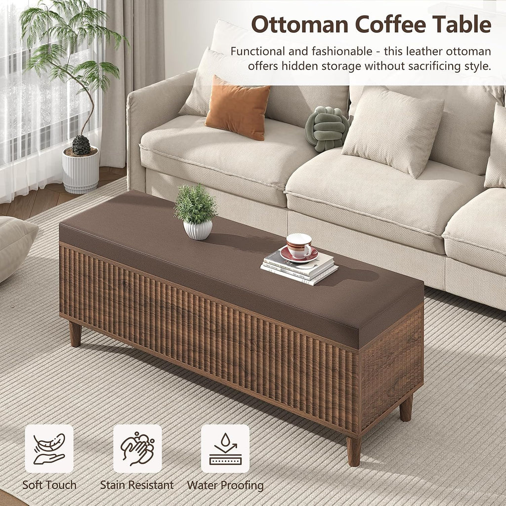 51" Storage Ottoman Bench, Fluted Wooden End of Bed Storage Bench with Leather Upholstererd, Mid-Century Modern