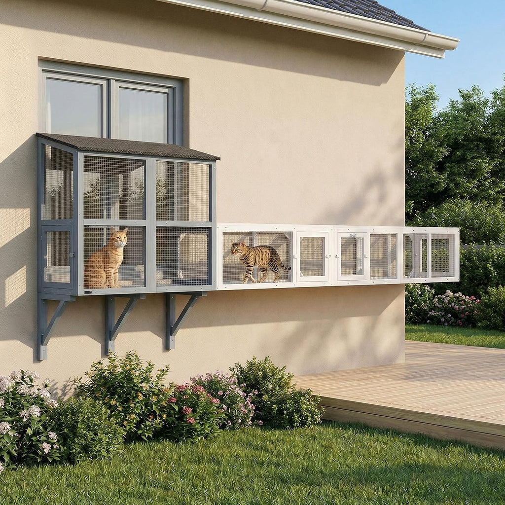 Outdoor Cat Tunnel, 98-Inch Wooden Catio Walkway with 8 Access Doors, Combinable Pet Enclosure Run for Cats