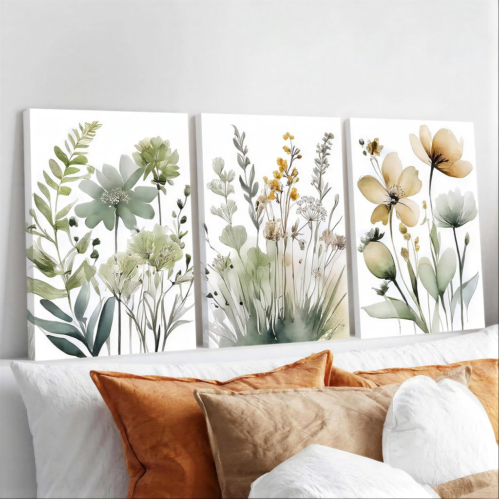 Framed Sage Green Botanical Wall Art Set of 3 Boho Floral Canvas Wall Decor Paintings Minimalist Flower Posters