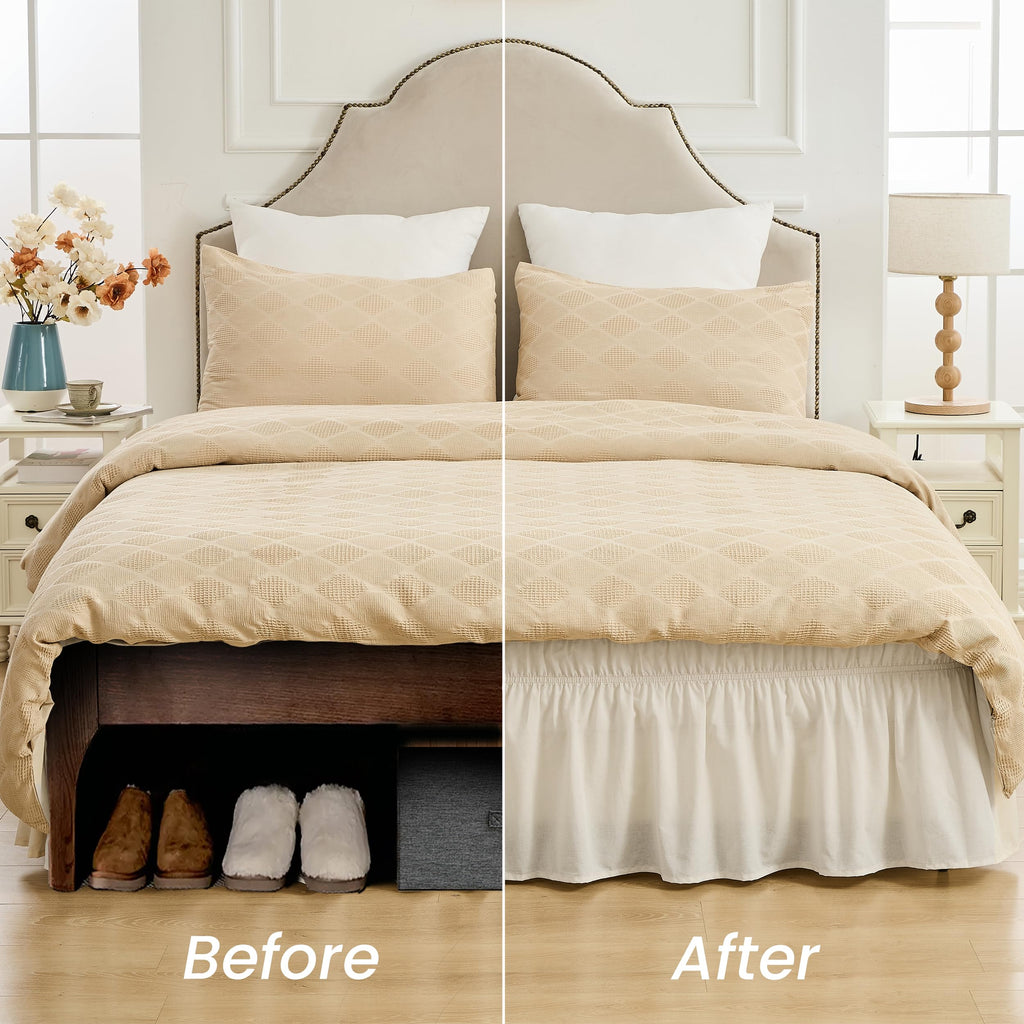 Wrap Around Bed Skirts 17" Drop, Cotton Adjustable Elastic Dust Ruffles Wrinkle & Fade Resistant Soft Cozy Elegant