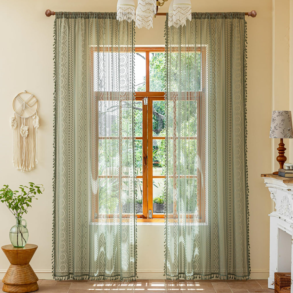 Sage Green Boho Lace Curtains with Tassel 90 Inch Length 2 Panels Vintage Floral Bohemian Crochet Geometry Striped