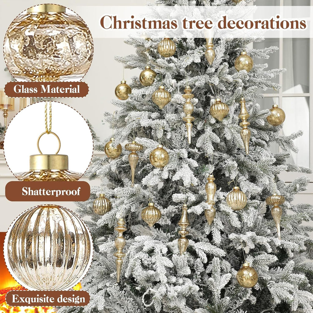 12 Pcs Mercury Glass Christmas Ornaments,Gold,Mixed Shapes