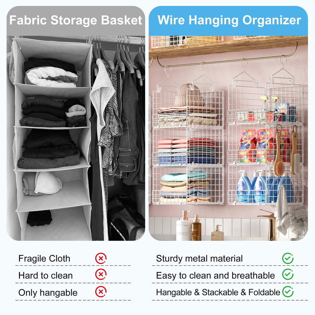 3-Tier Hanging Closet Organizer with 5 S Hooks, Closet Shelves for Clothes, Shoes, Handbags, Accessories, Hanging