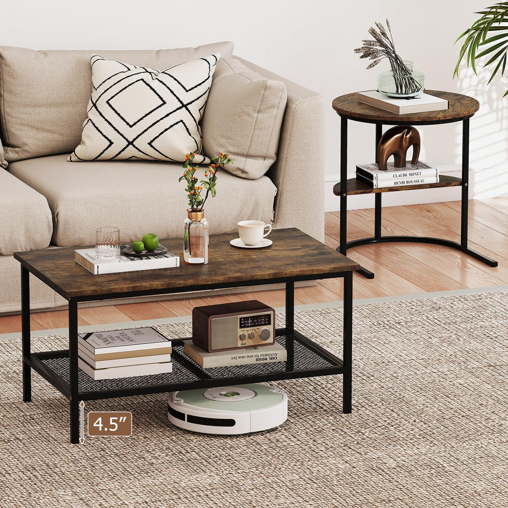 Nesting Coffee Set of 2, Detachable Rectangular & Round Set w/Wood Grain, Sturdy Golden Metal Frame, Modern Stacking