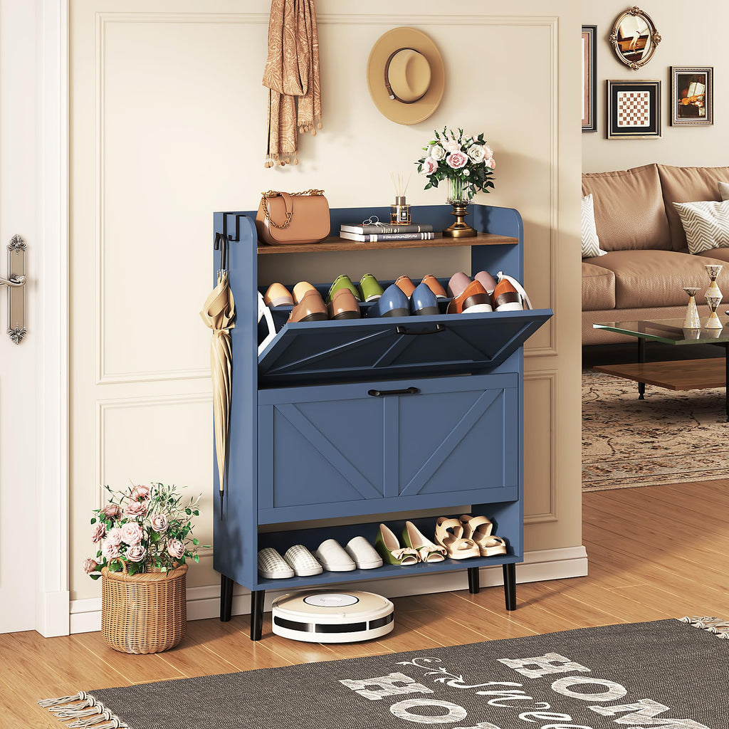 Shoe Storage Cabinet, Slim Shoe Organizer with Two Flip Drawers, Narrow Shoe Holder with Wood Legs, Farmhouse Hidden