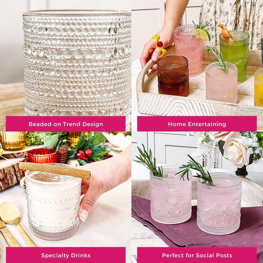 Beaded Drinking Glasses Set of 6, 10 oz Retro Vintage Glassware - Boho Cocktail Water Juice Glasses, Hostess or