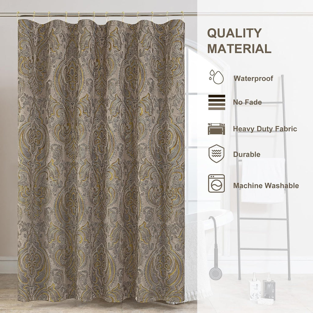 Textured Fabric Shower Curtain Set Damask Design, Taupe+Gold | Include 12 Metal Hooks, Royal Jacquard Bathroom Shower