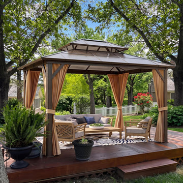 10x12ft Gazebo, Hardtop Outdoor Canopy Aluminum Frame Permanent Gazebo with Netting and Curtains