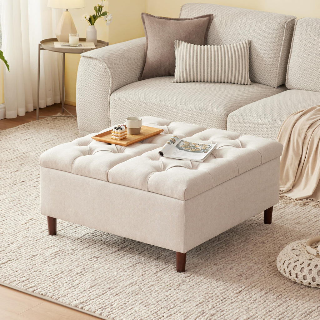 35" Large Storage Ottoman Coffee Table, Square Ottoman, Beige