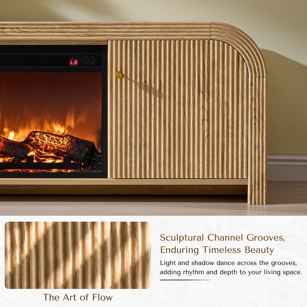 70" Fluted Fireplace TV Stand with Rounded Corner, Natural Oak