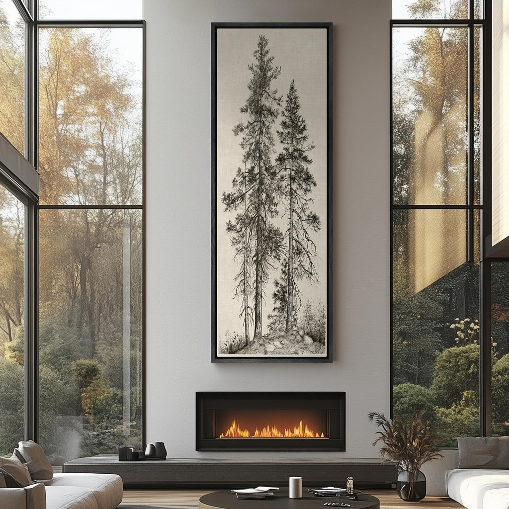 Large Framed Canvas Hand-Drawn Pine Trees Monochrome Illustrations Modern Art Calm Warm - 60"x20"