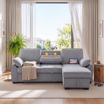 L-Shaped Pull Out Sleeper Couch Bed, Modern Chenille Upholstered Button Tufted Corner Couch Reversible Sectional