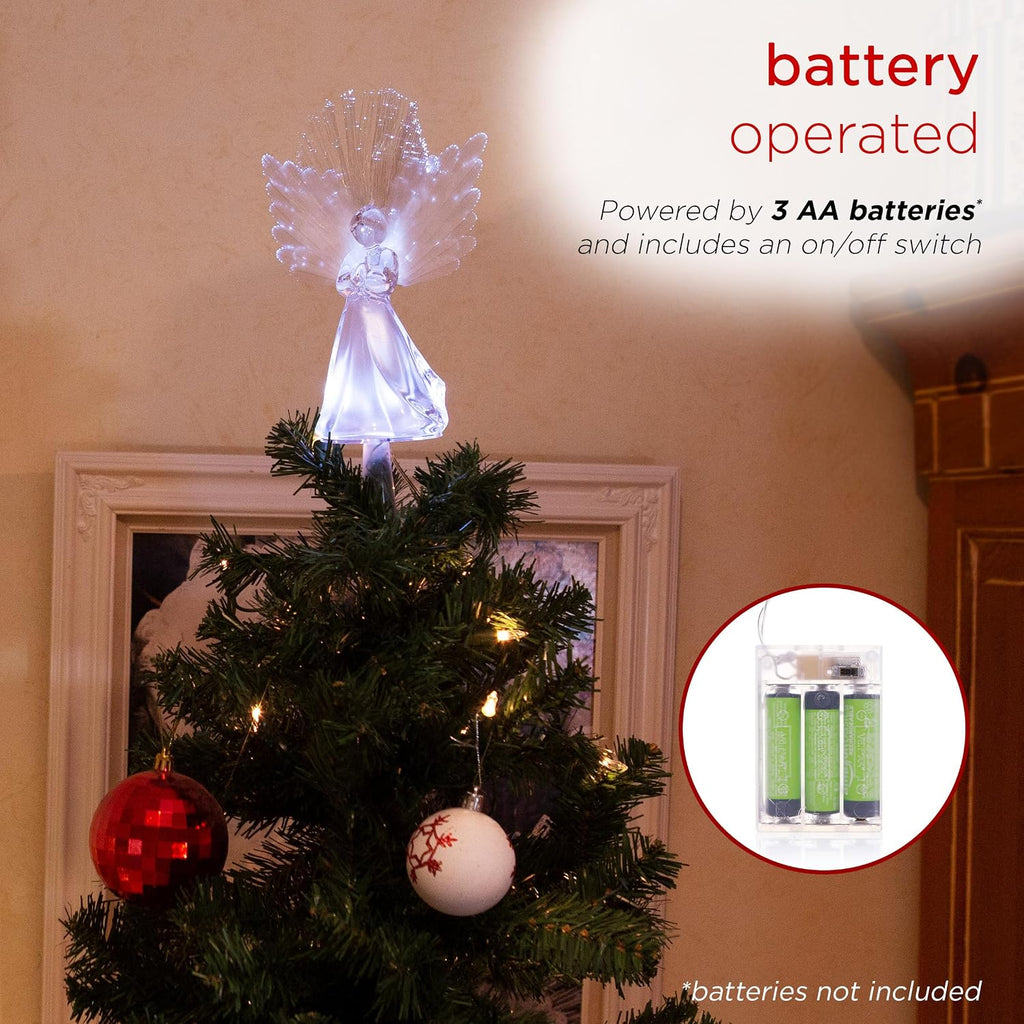 11" Tall Angel Tree Topper with Fiber Optic Wings and LED Light, with Timer Function, Durable Plastic, and Radiant