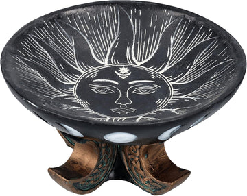 Carved Illustrated Sun and Moon Resin Trinket Bowl Black 8" Diameter
