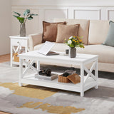 Wood 2-Tier White Coffee Table with Storage Shelf, X Design Accent Cocktail Table, Simple Design Home Furniture