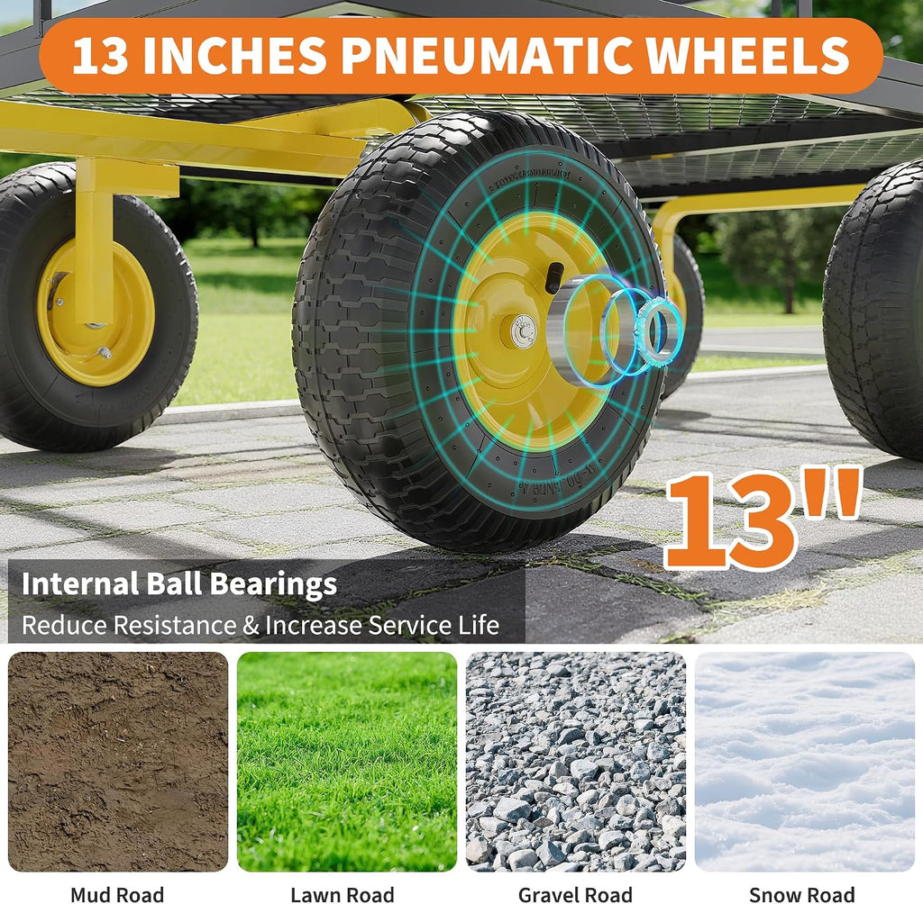 3-in-1 Heavy-Duty Steel Garden Cart, 1400 Lbs Garden Wagon, with 13 Inch All-Terrain Tires and Removable Mesh Side