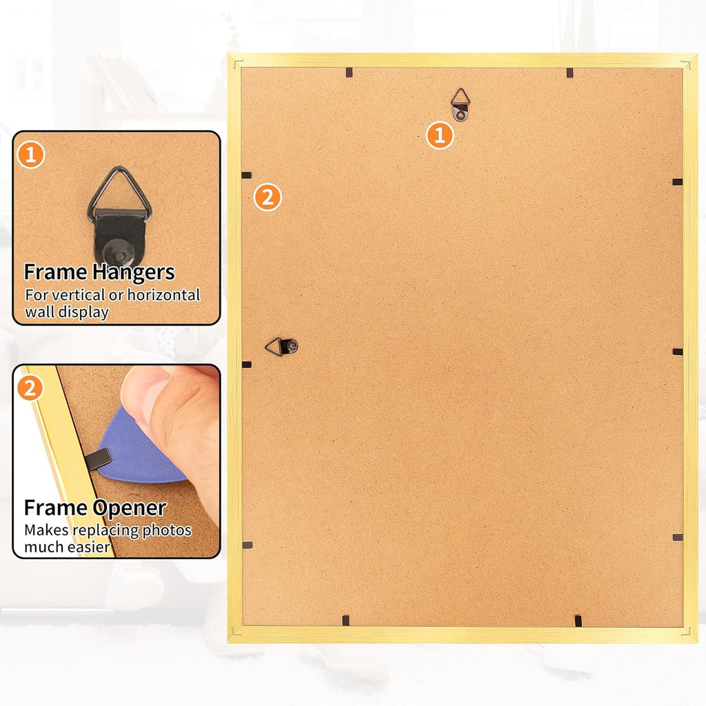 11x14 Picture Frame Set of 8, Gold Wall Gallery Hanging Photo Frames, Display Pictures 8x10 with Mat or 11x14 Without