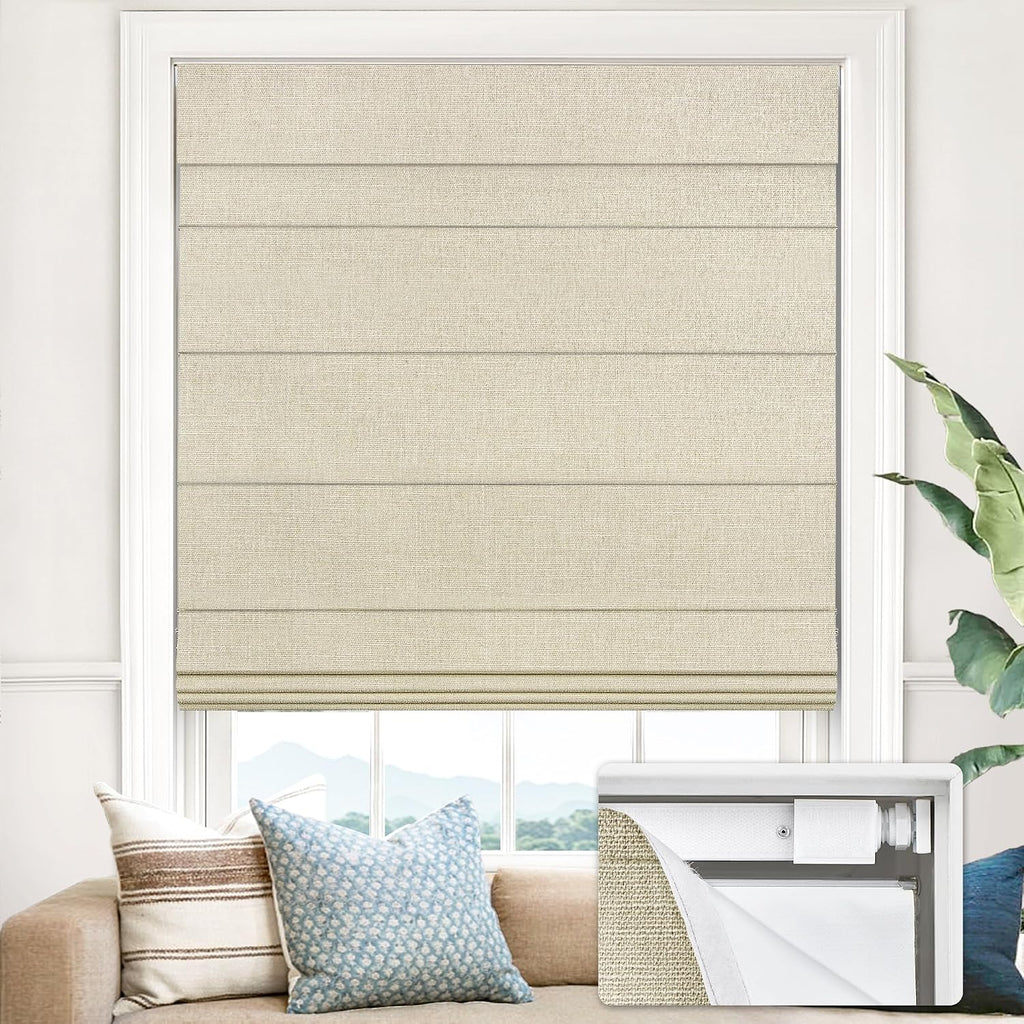 No Drill Cordless Roman Shades, 36×60 in, Beige | 100% Blackout Fabric, UV Protection, Protecting Privacy, room