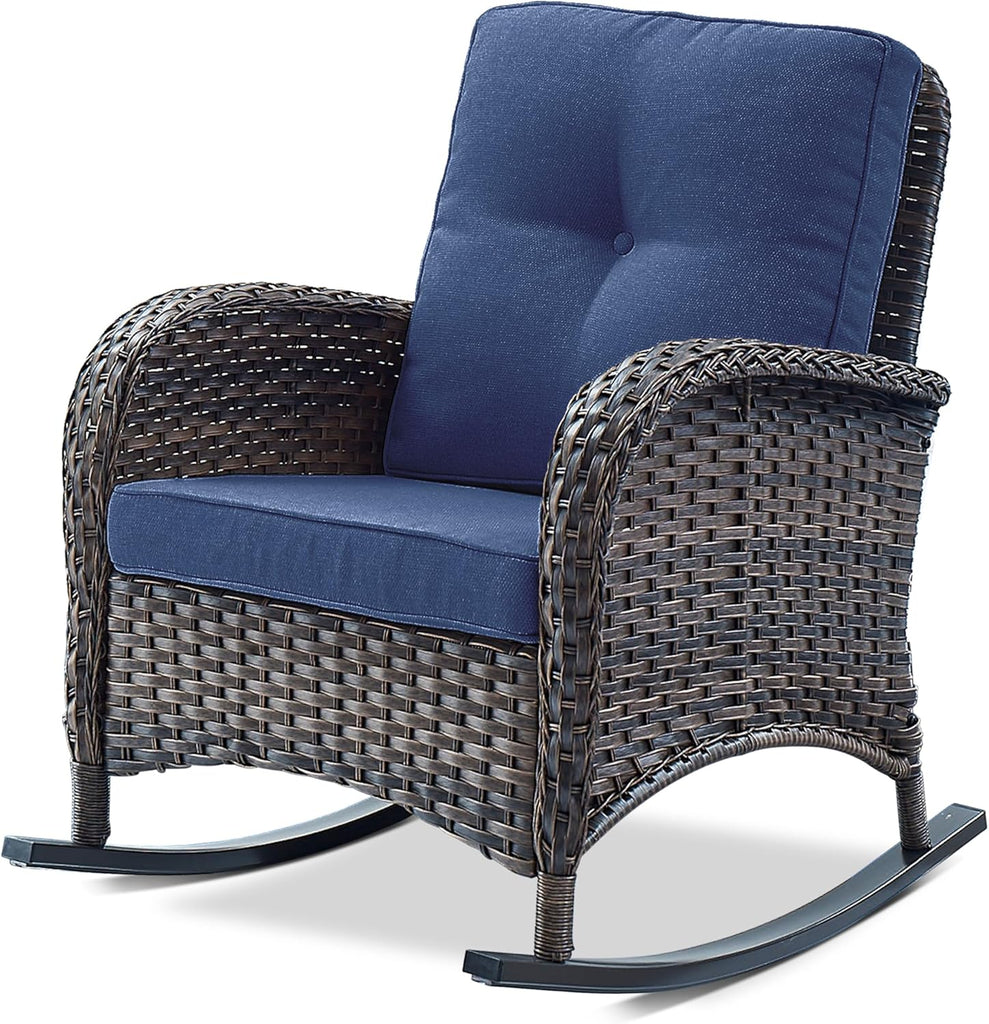 Patio Rocking Chair Wicker Chair, 1 Piece Outdoor Rocking Chair Seating with Cushions for Porch Deck Balcony