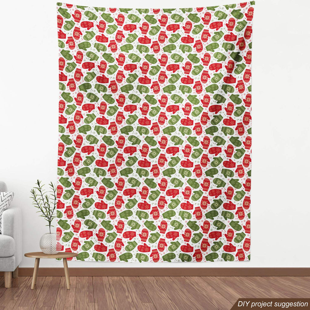 Christmas Fabric by The Yard, Art Xmas Theme Winter Gloves Pattern with Snowflakes and Nordic Roses Print, Decorative