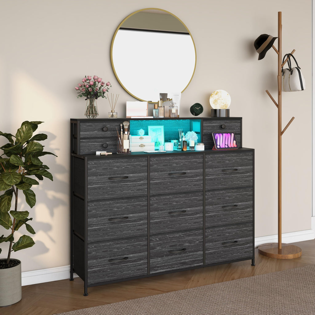 Black Dresser with Charging Station and LED Lights 13 Drawers Dressers Long Dressers & Chests of Drawers Hallway