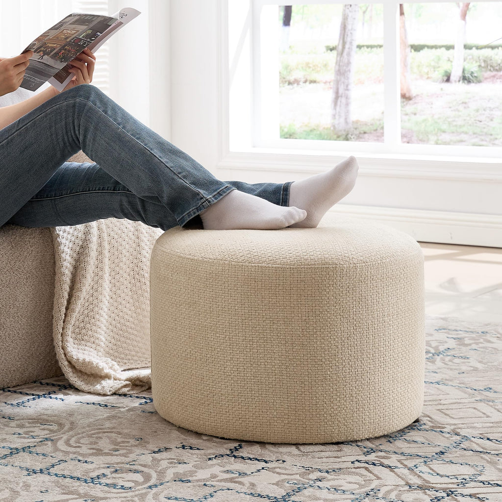 Boho Round Pouf Ottoman, Upholstered Ottoman, Beige