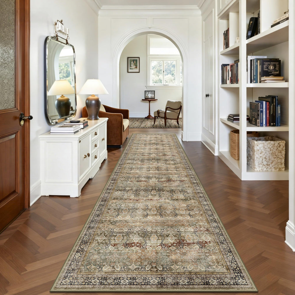 Hallway Runner Rug, Washable Vintage Retro Long Runner Rugs Laundry, Soft Ultra Thin Non Slip Low Pile
