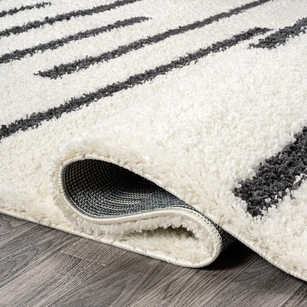 Alaro Berber Stripe Shag White/Gray Indoor Area Rug, Bohemian, Contemporary, Easy-Cleaning, Pet Friendly