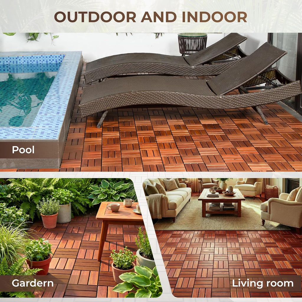 Pack of 9 Deck Tiles for Balcony, Poolside, Outdoor Area - Solid Acacia Waterproof Interlocking Deck Tiles