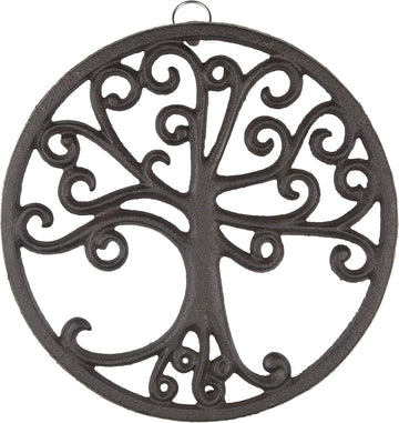 Cast Iron Trivet for Hot Dishes, Pots, and Pans, Metal Trivet, Tree of Life Design, Rubber Feet Caps, Ring Hanger, 8