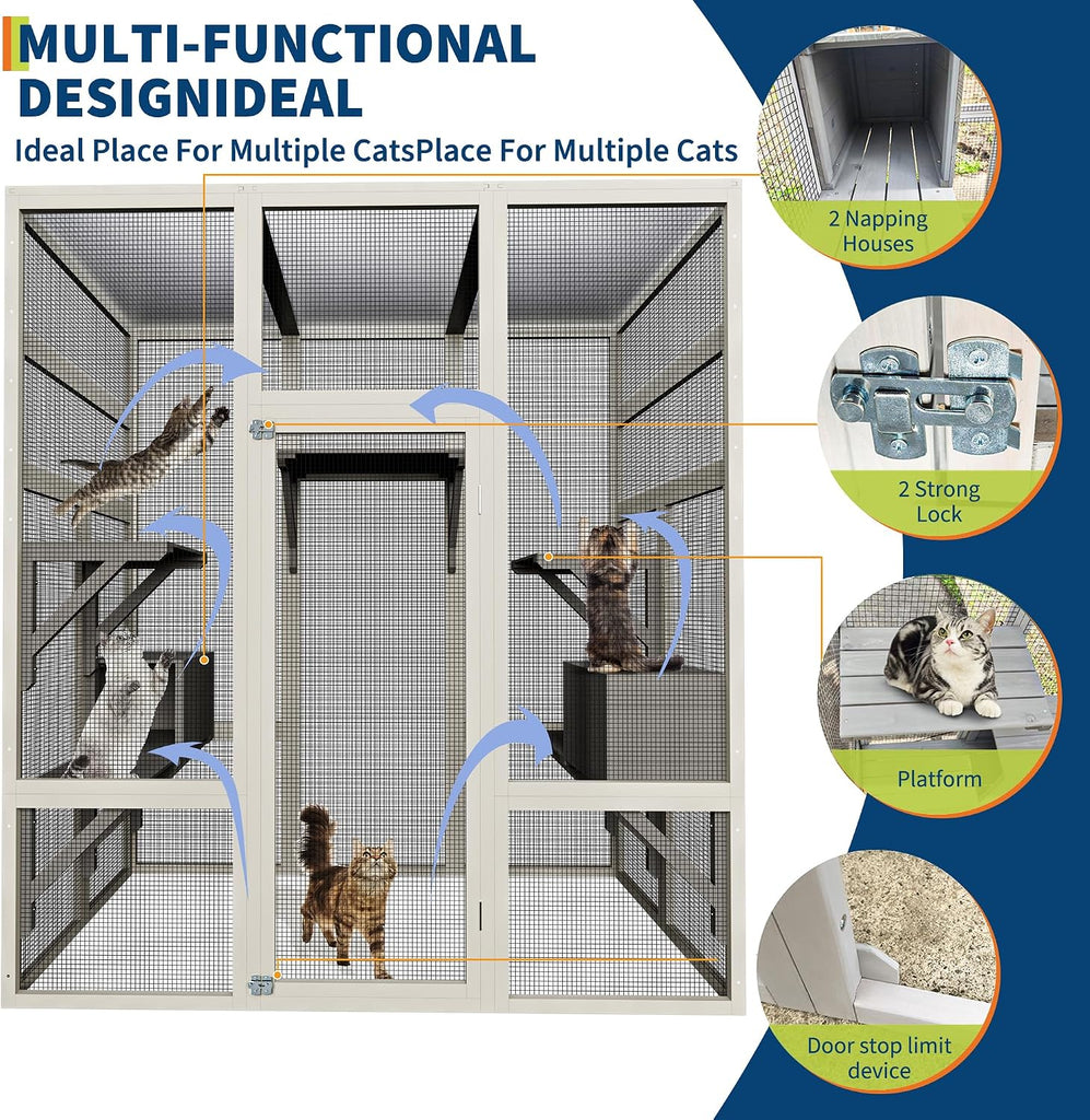 70" Outdoor Catio Cat Enclosure, Large Cat House, Wooden 5-Platform