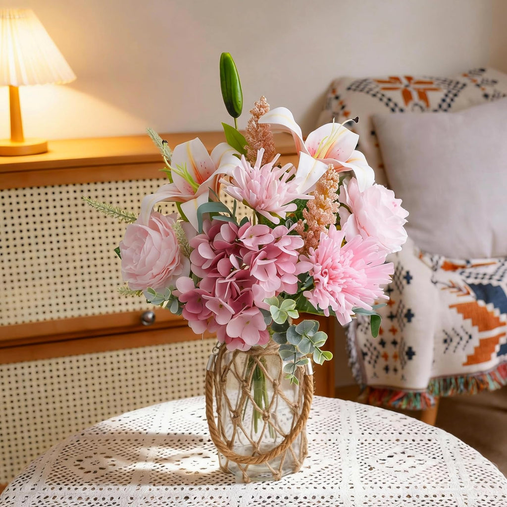 Fake Flowers with Vase -Hydrangea & Lily Artificial Floral Arrangement