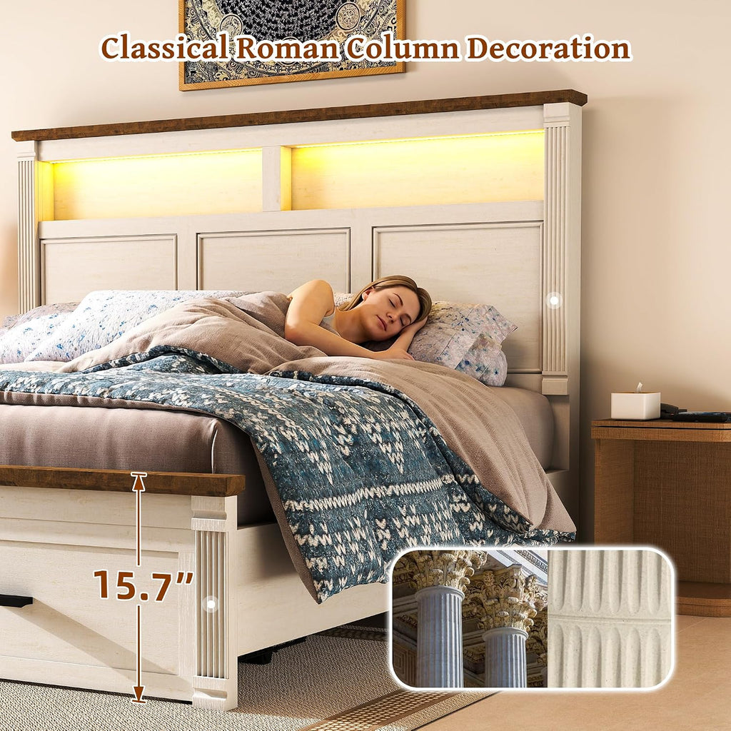Queen Bed Frame with 2 Storage Drawers, 53" Tall Headboard Farmhouse Platform Bed Frame with Roman Column Decoration