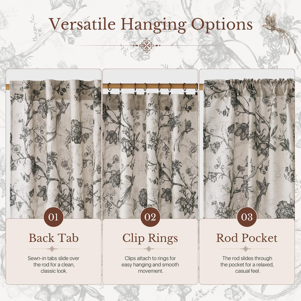 Grey Toile Linen Floral Curtains 52Wx84 Inch Long