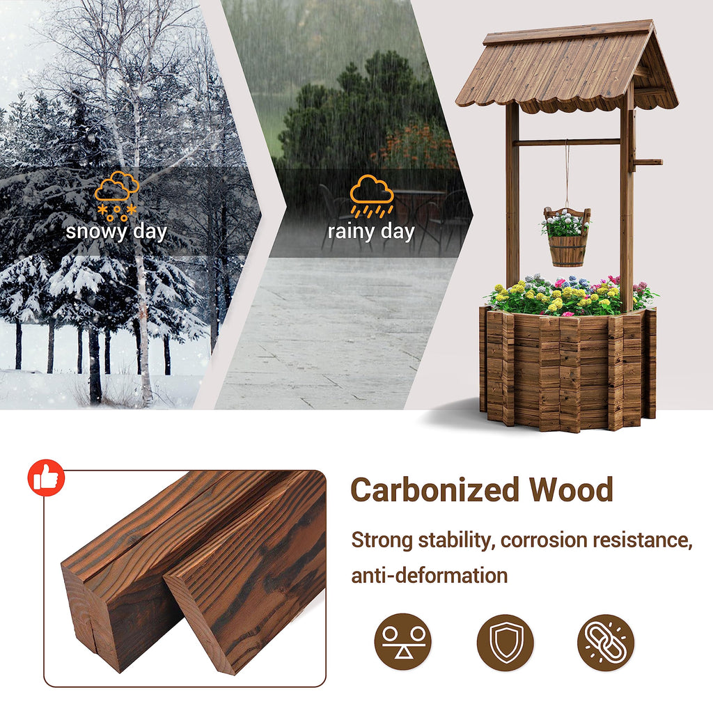 Wishing Wells for Outside, Wooden Wishing Well Planter for Yard, Upgrade Wishing Well with 4 Reinforced Rod & Hanging