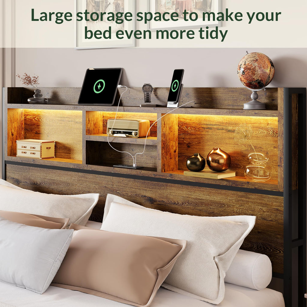 Queen Size Bed Frame with 6 Storage Drawers and Headboard Wooden Platform Bed Frame with LED Lights and Charging