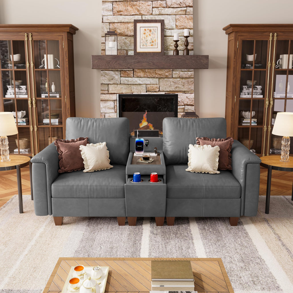 Faux Leather Sectional Sofa, 2 Seater Couch with Console, Gray