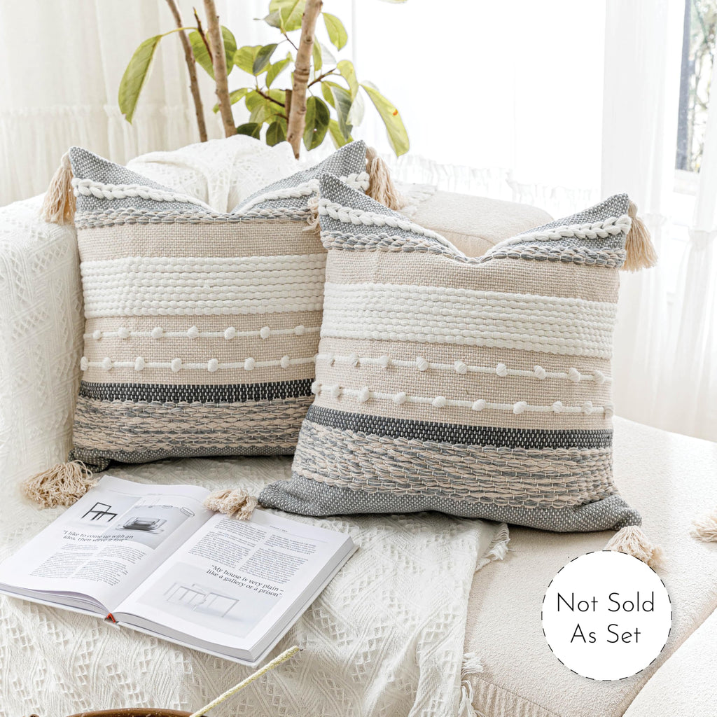 Gray Boho Throw Pillow Cover 22x22, Grey Decorative Accent Pillow for Couch, Square Woven Textured Pillowcase, Modern