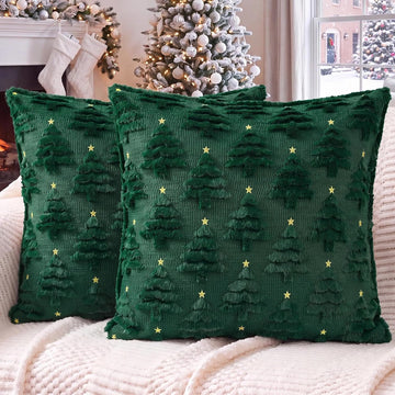 Christmas Pillow Covers 18x18, Green Xmas Tree Decor - Set of 2