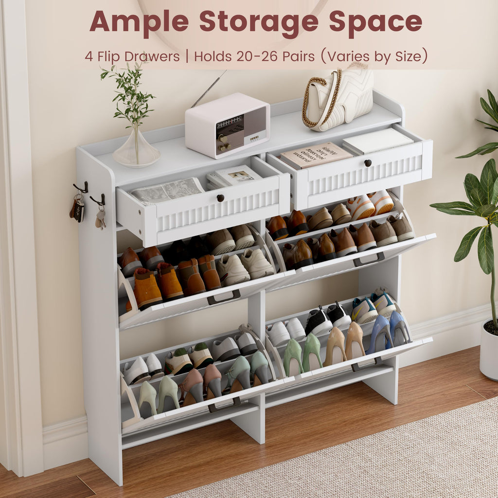 Fluted Shoe Cabinet, 4 Flip & 2 Top Drawers, White