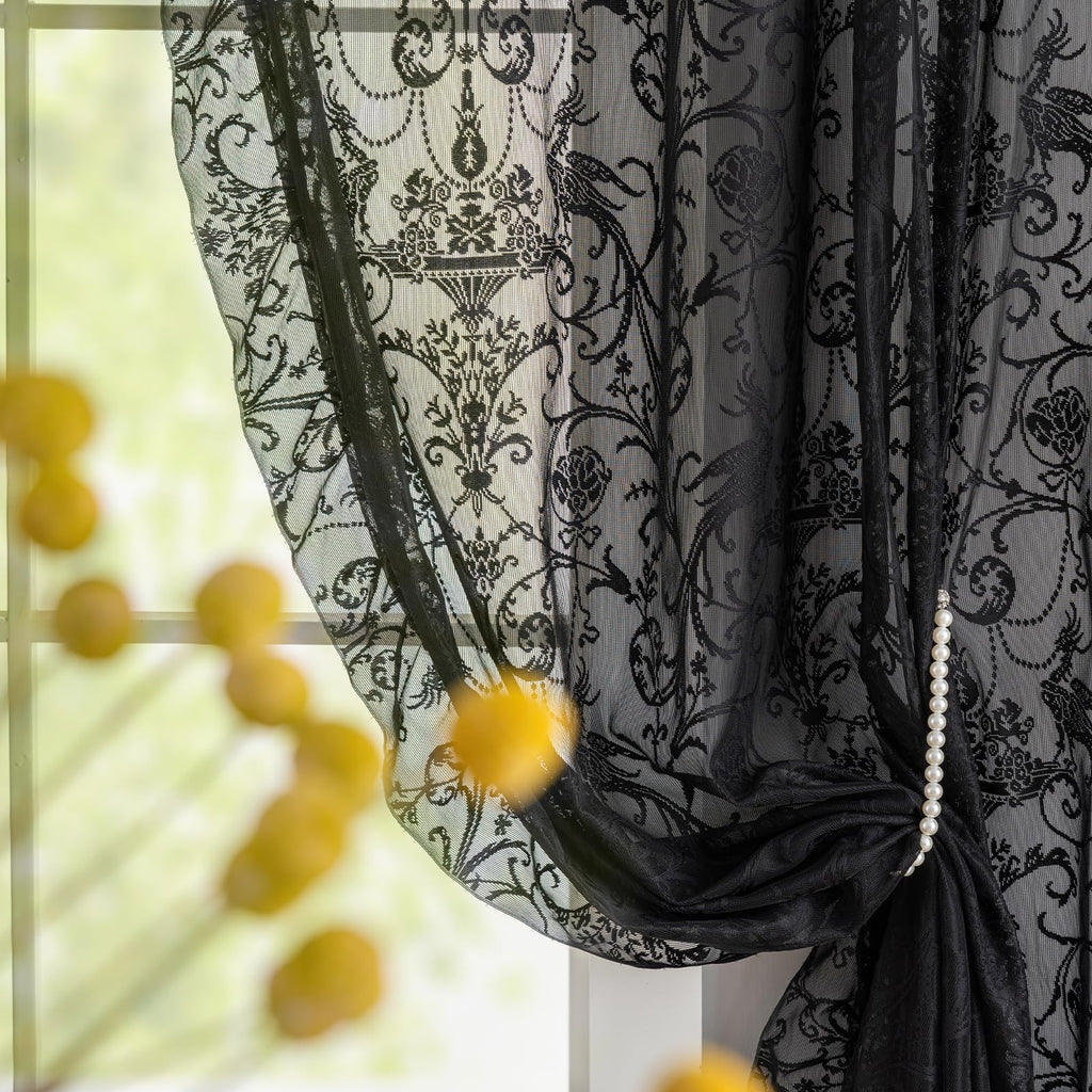 Black Ruffle Curtains 90 Inches Long - Boho Floral Semi Sheer Black Lace Curtains, Old House Tulle Rod Pocket Light