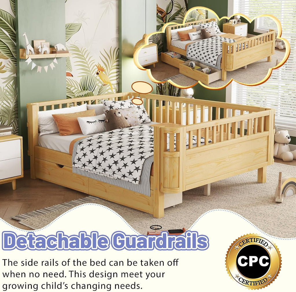 Bed Frame for Kids with Rails, Montessori Bed with Storage Drawers, Low Profile Platform Beds with Pine