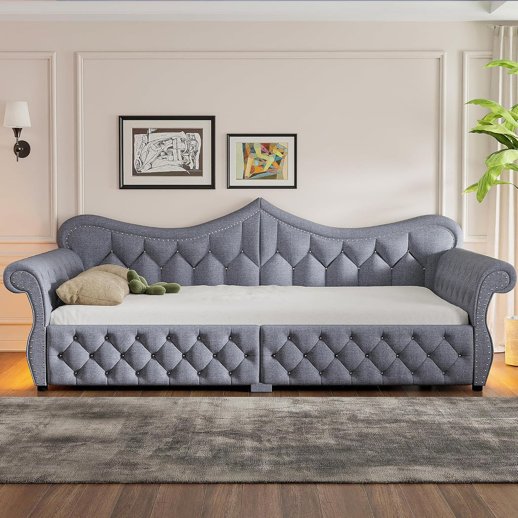 Queen Size Upholstered Daybed with LED Lights, Convertible Sofa Bed with Nailhead Trim, Tufted Design, Wooden Frame