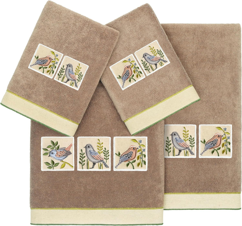 Vibrance 4-Piece Towel Set, Embroidered Birds, Premium Turkish Cotton, Plush Comfort, Country Elegance, 2 Bath 2 Hand