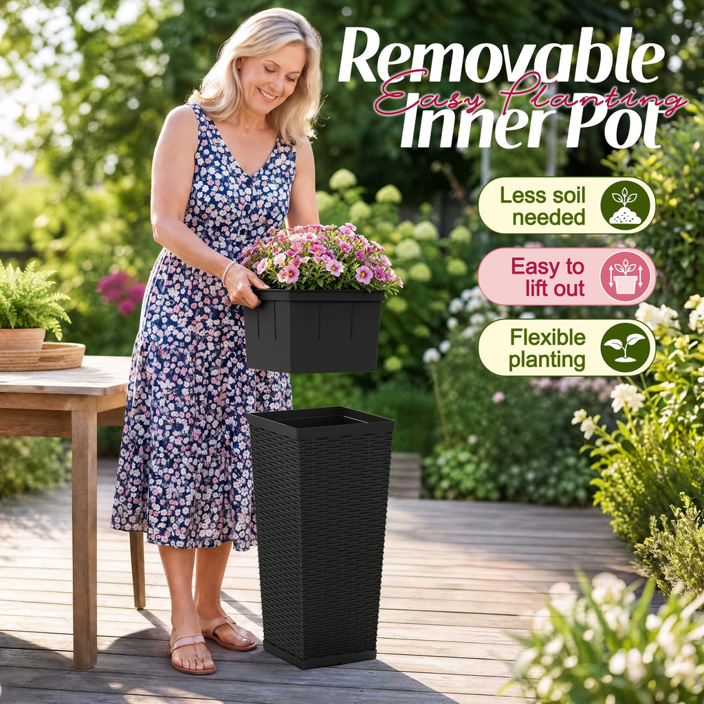24" Tall Plastic Planters with Drainage Holes Front Porch Set of 2
