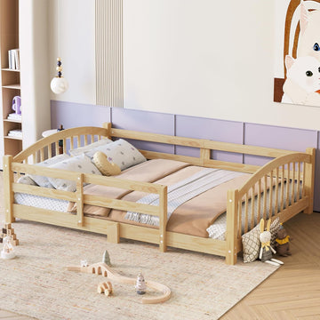 Montessori Floor Bed with Safety Fence, Solid Wood Floor Bed Frame for Boys Girls, Wooden Slats Support, No