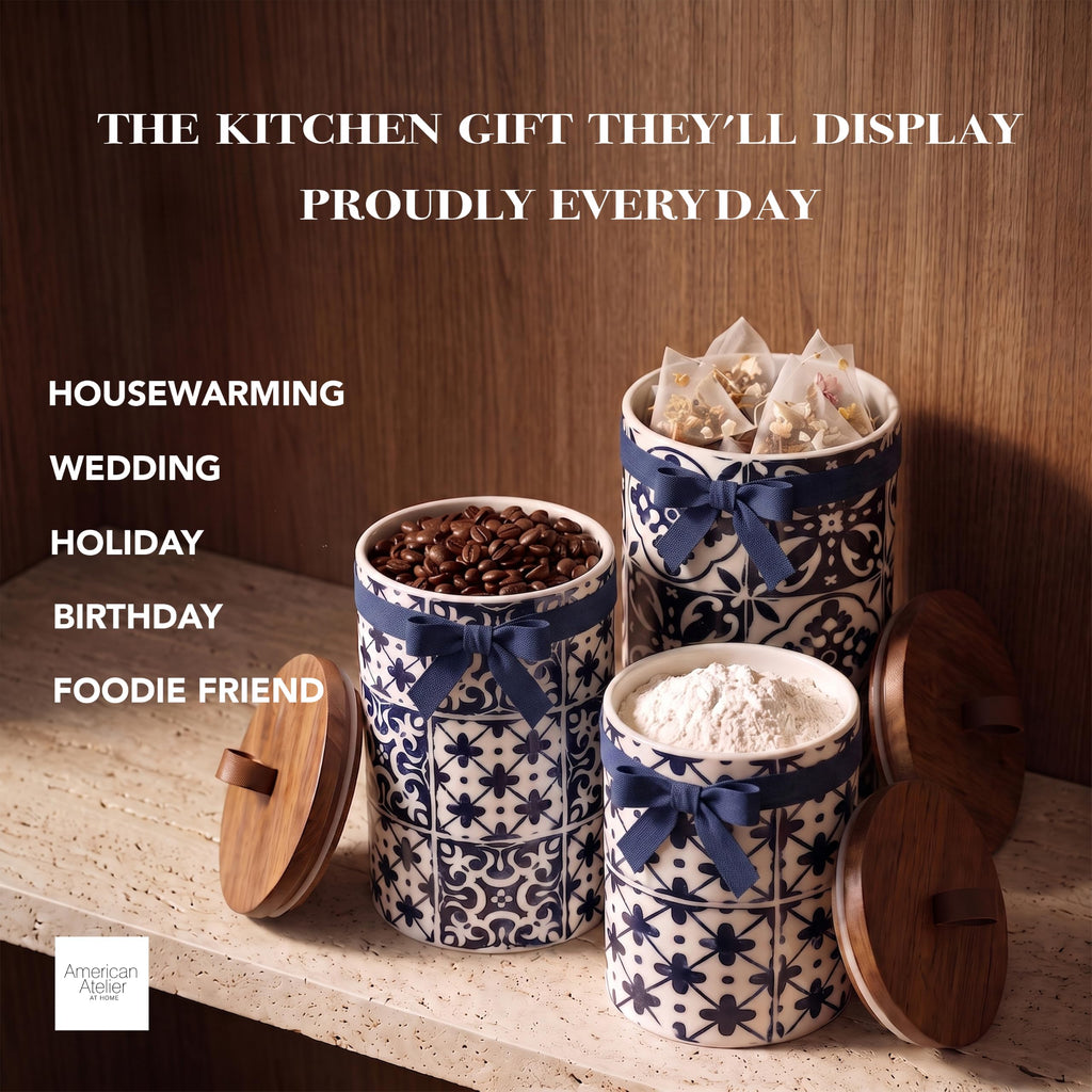 Ceramic Kitchen Canister Set w/Lids Medallions, Blue, 3PC